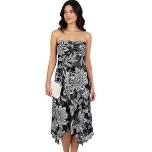 White House Black Market Floral Black and White Strapless Dress Women's Size 6